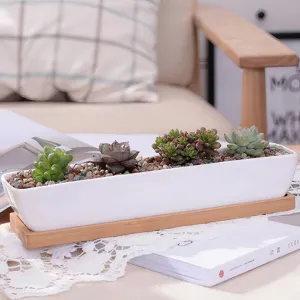 11" Modern Rectangular Ceramic Succulent Planter with Bamboo