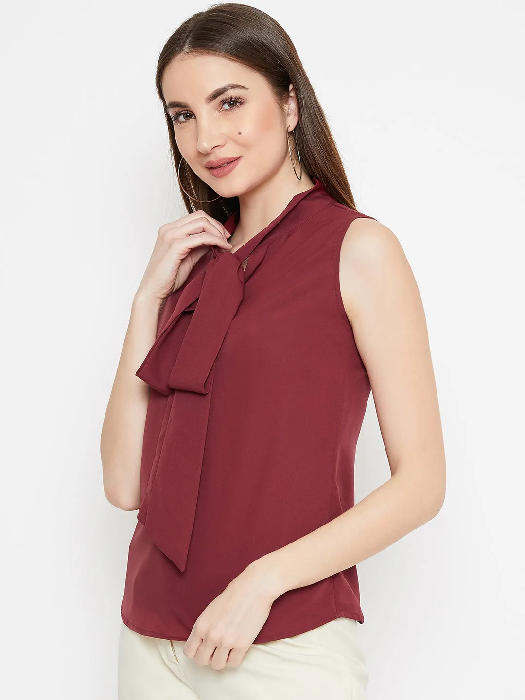 Berrylush Women Solid Maroon Tie-Knot Neck Sleeveless Regular Top