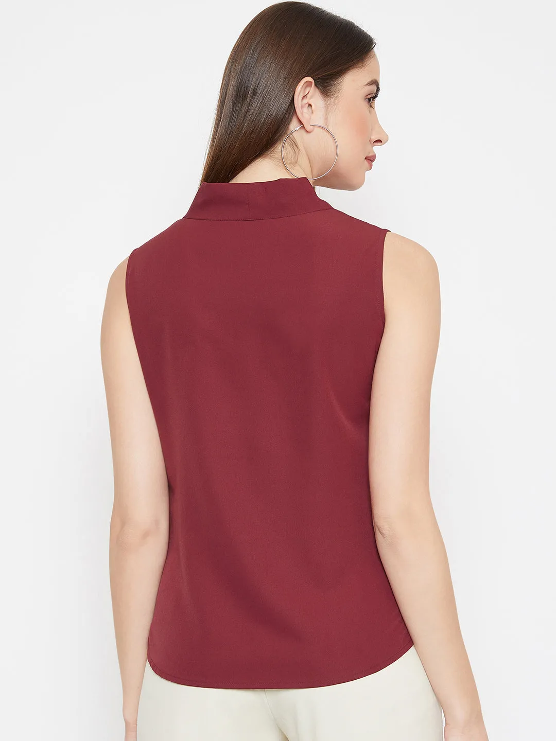 Berrylush Women Solid Maroon Tie-Knot Neck Sleeveless Regular Top
