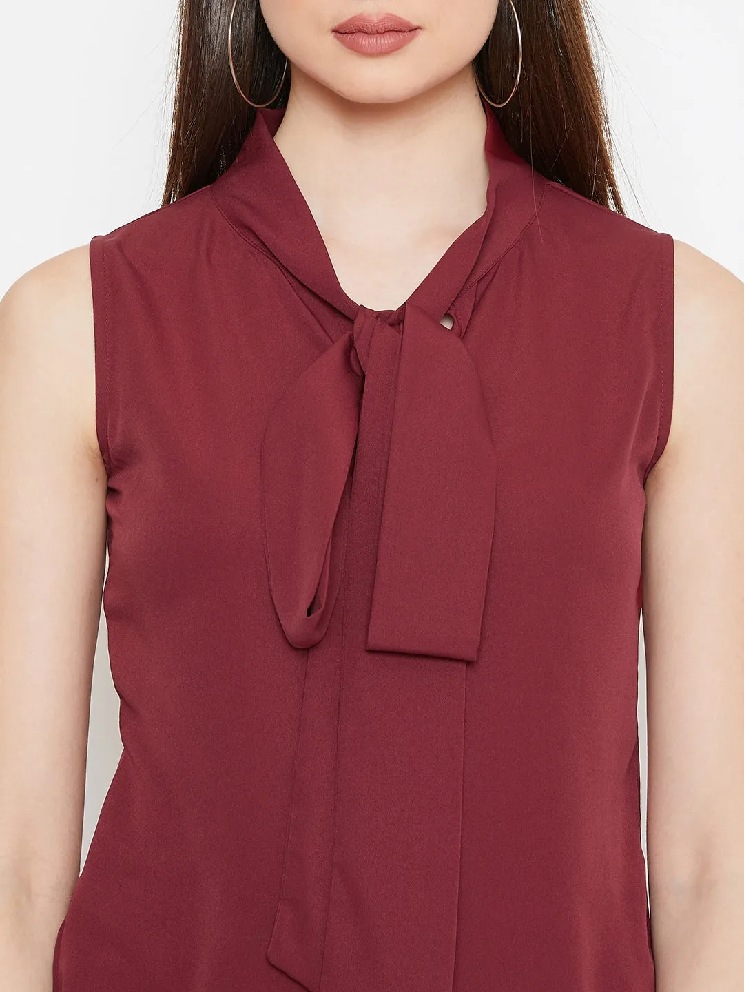 Berrylush Women Solid Maroon Tie-Knot Neck Sleeveless Regular Top