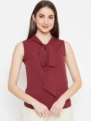 Berrylush Women Solid Maroon Tie-Knot Neck Sleeveless Regular Top