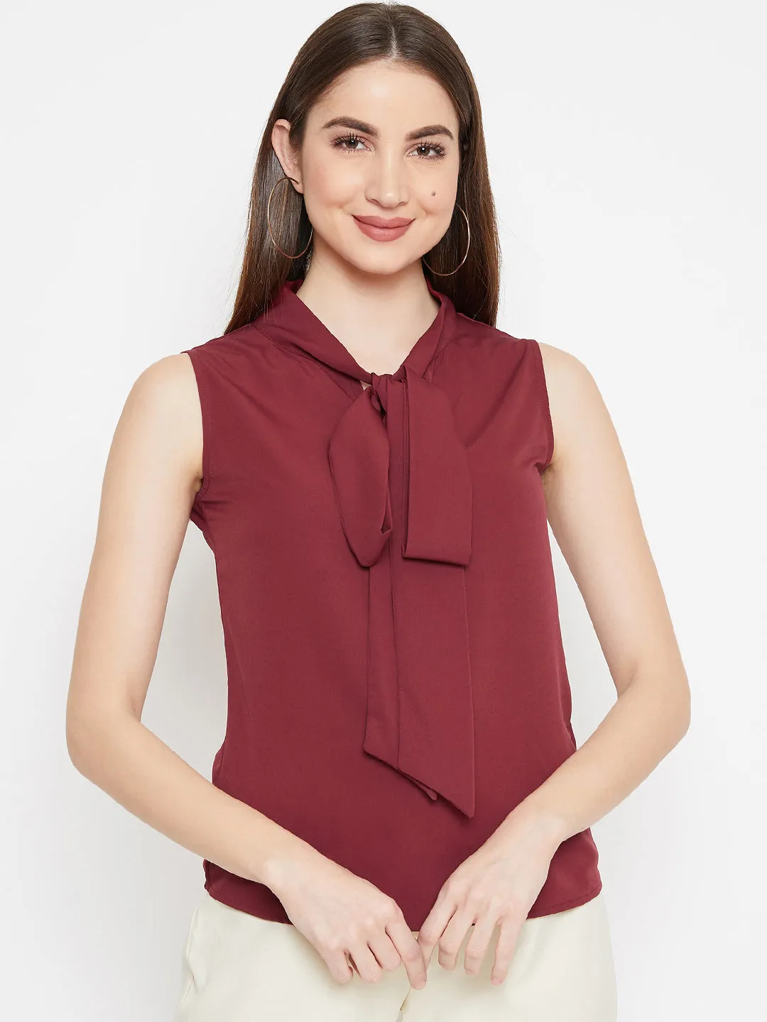 Berrylush Women Solid Maroon Tie-Knot Neck Sleeveless Regular Top