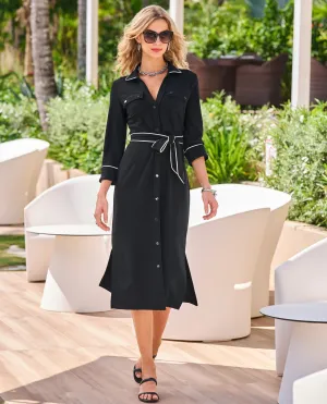 Beyond Travel Piped Button Front Collared Midi Dress Jet Black/Ivory Coast
