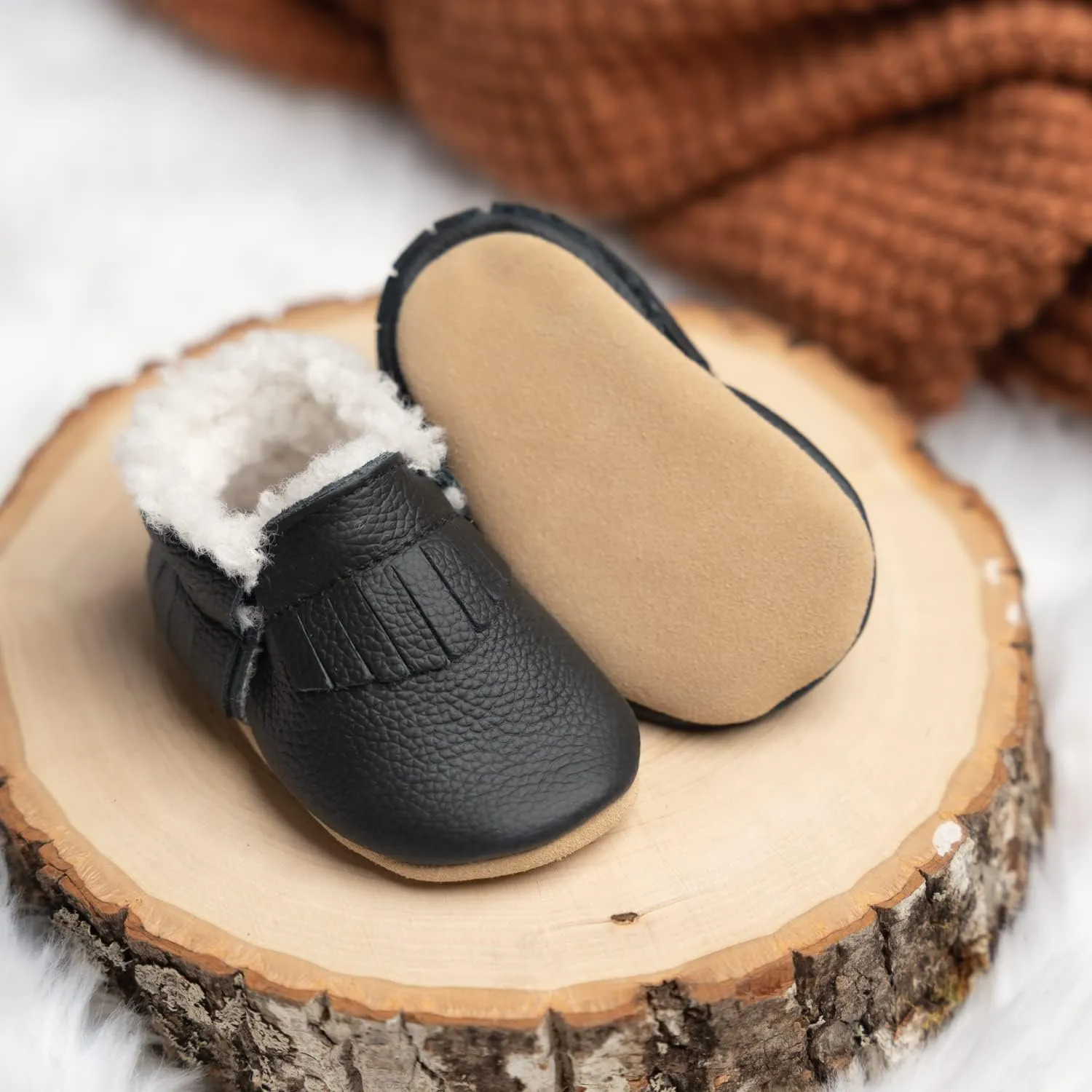 BirdRock Baby Sherpa Moccasins - Cozy, Genuine Leather Winter Shoes for Boys and Girls
