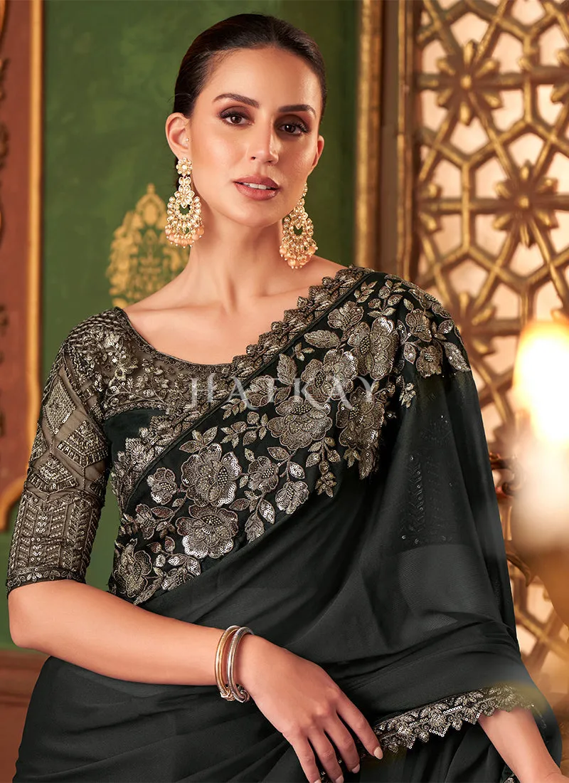 Black Copper Embroidery Designer Saree