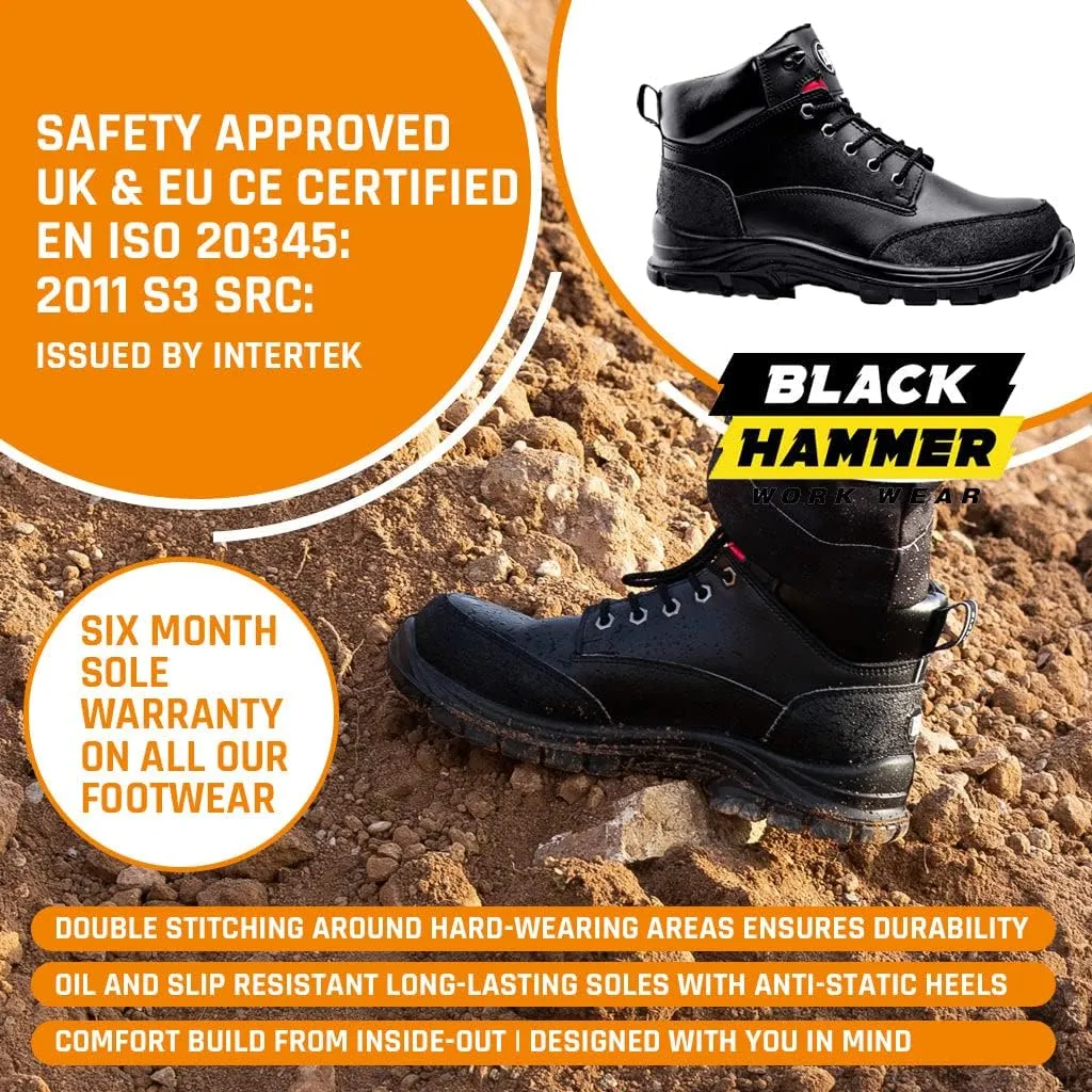 Black Hammer Mens Safety Boots Steel Toe Cap S3 SRC Work Shoes Ankle Leather 7700 Black