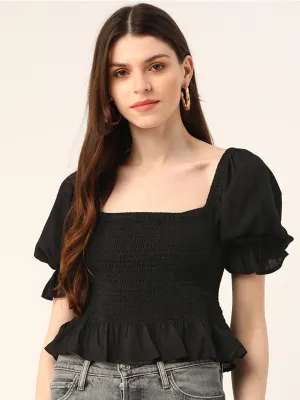 Black Smocking Puff Sleeve Top