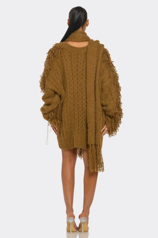 Chunky Knit Sweater Dress with Fringe