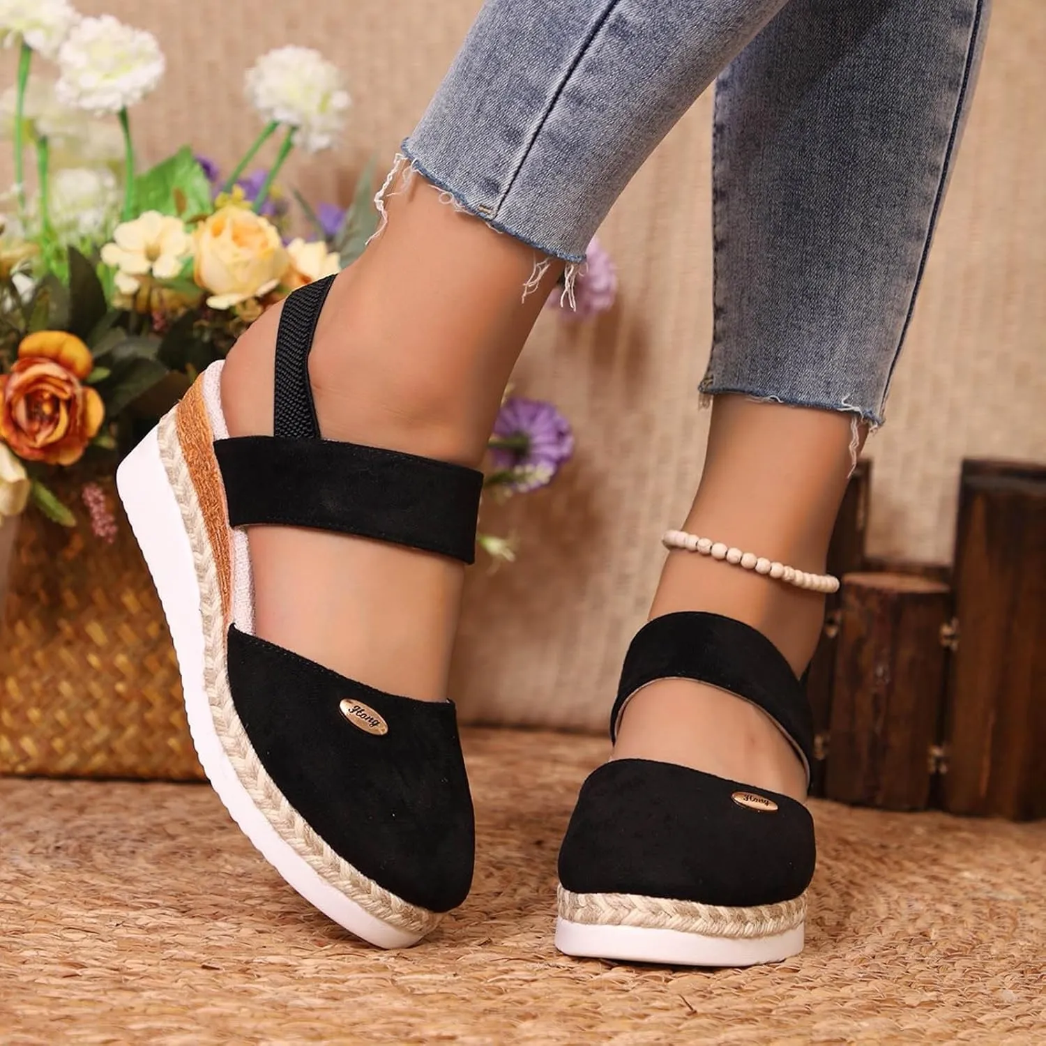Closed Toe Platform Wedge Sandals 2025 Espadrilles Wedges for Women Heel Ladies Comfortable Cork Summer Dress Shoes for Beach Wedding with Adjustable Buckle Ankle Strap