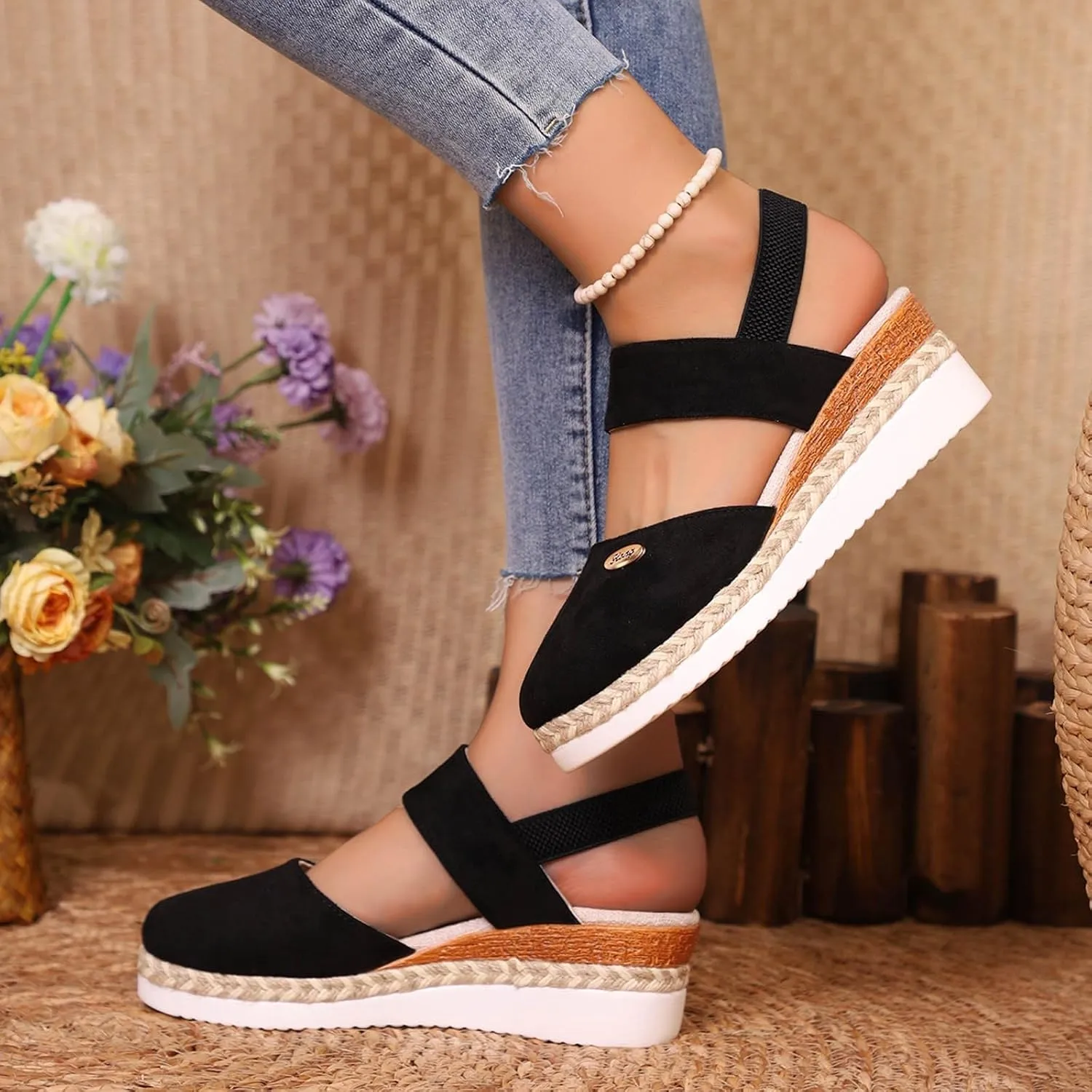Closed Toe Platform Wedge Sandals 2025 Espadrilles Wedges for Women Heel Ladies Comfortable Cork Summer Dress Shoes for Beach Wedding with Adjustable Buckle Ankle Strap