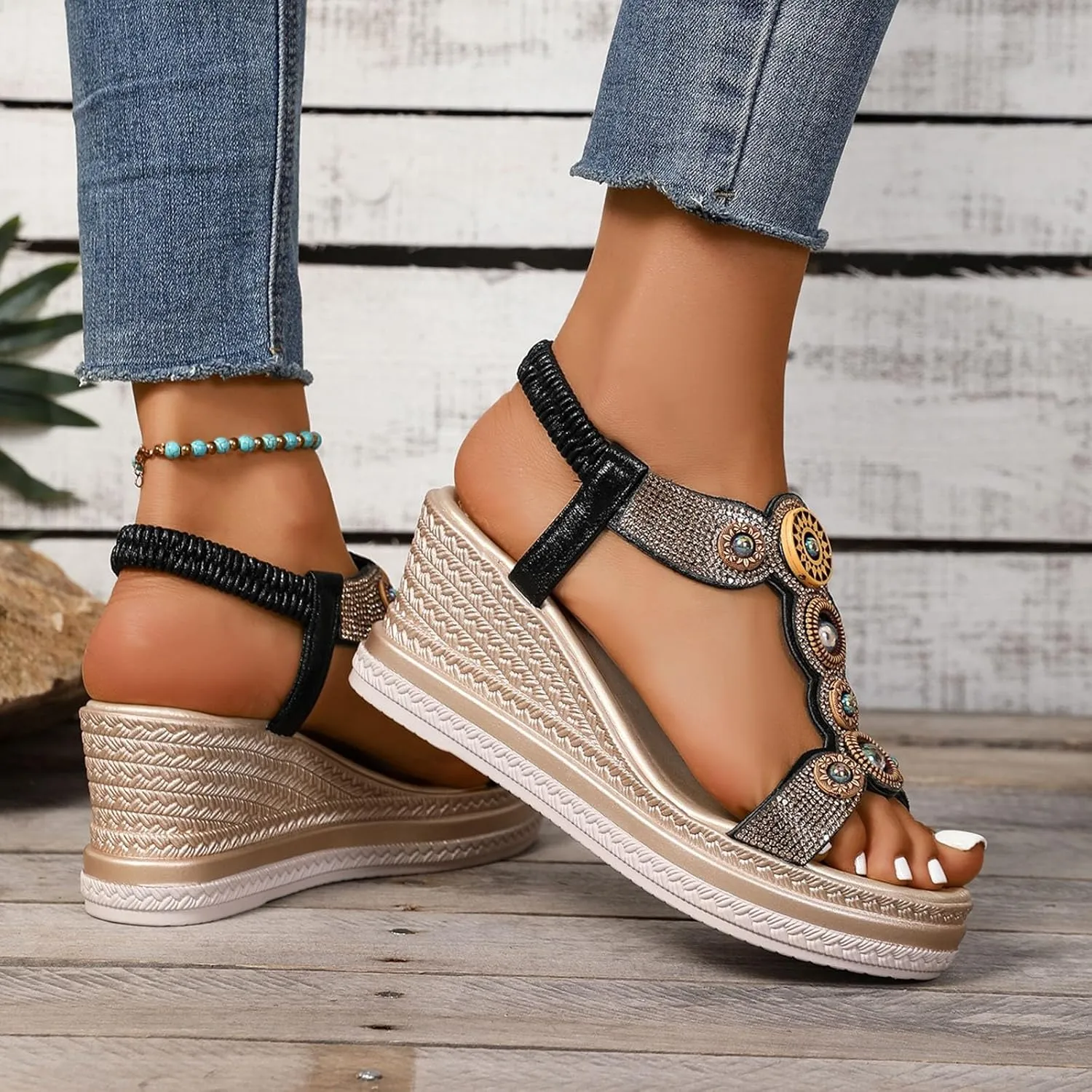 Comfortable Espadrille Wedges for Women Platform Wedge Sandals Bohemian Beaded High Heels Espadrilles Heels for Women Ankle Strap Open Toed Beach Shoes Wedding Bridal Prom Party Work Dress Sandals