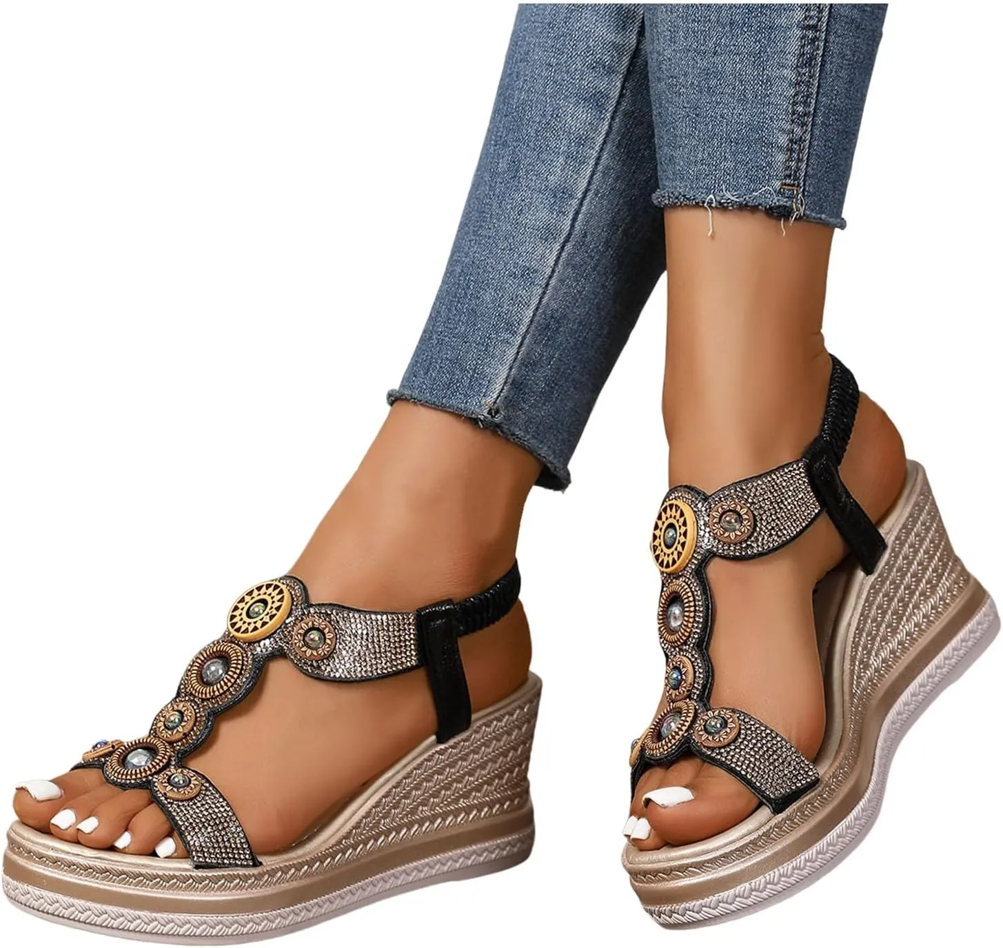 Comfortable Espadrille Wedges for Women Platform Wedge Sandals Bohemian Beaded High Heels Espadrilles Heels for Women Ankle Strap Open Toed Beach Shoes Wedding Bridal Prom Party Work Dress Sandals