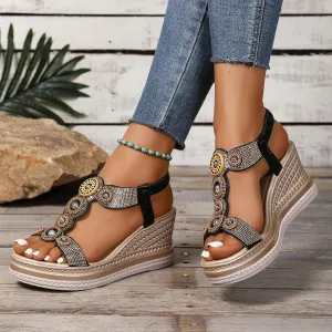 Comfortable Espadrille Wedges for Women Platform Wedge Sandals Bohemian Beaded High Heels Espadrilles Heels for Women Ankle Strap Open Toed Beach Shoes Wedding Bridal Prom Party Work Dress Sandals