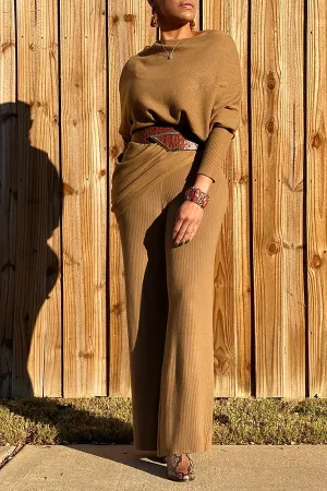 Comfortable Oblique Neck Top & Rib-knit Pants Set