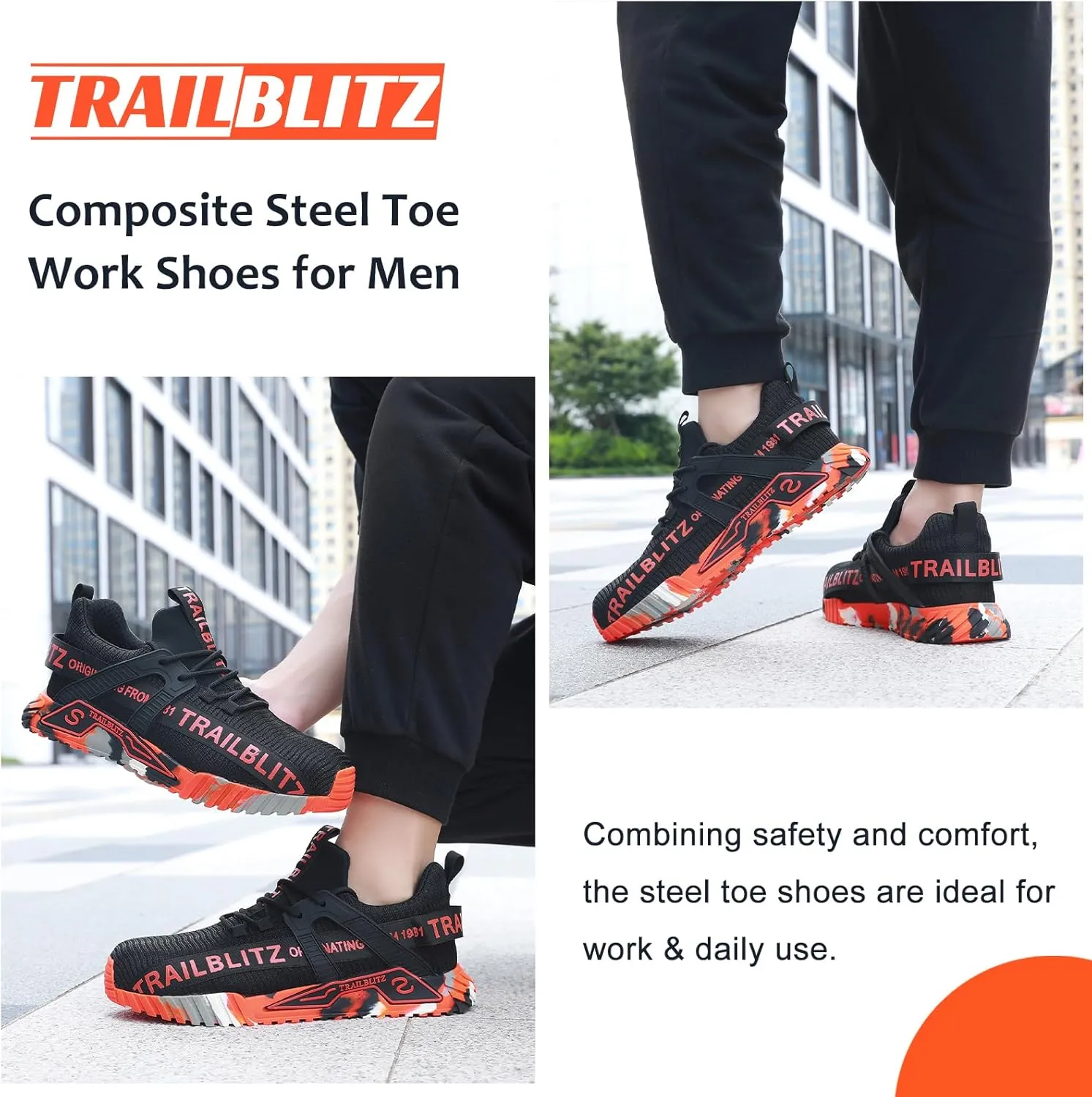 Composite Steel Toe Shoes for Men Work Safety Sneakers Non Slip Comfortable Lightweight Breathable Mens Hard Toe Industrial Construction Tennis Slip On Footwear