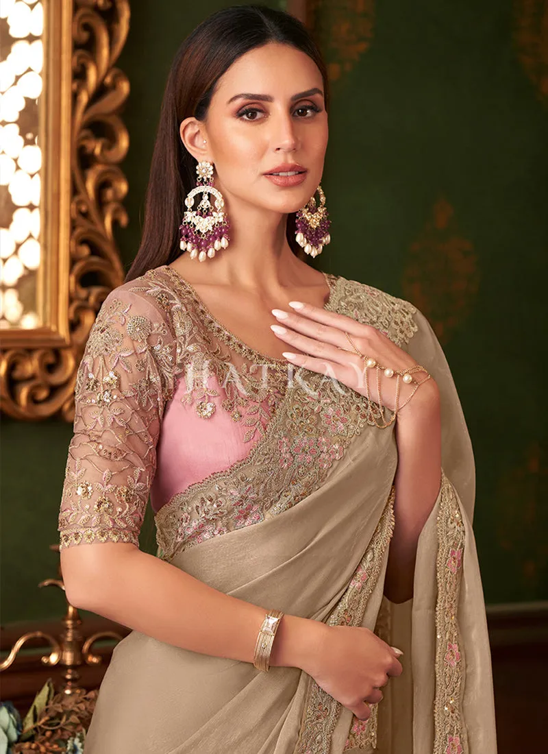 Copper Beige And Pink Embroidery Designer Saree