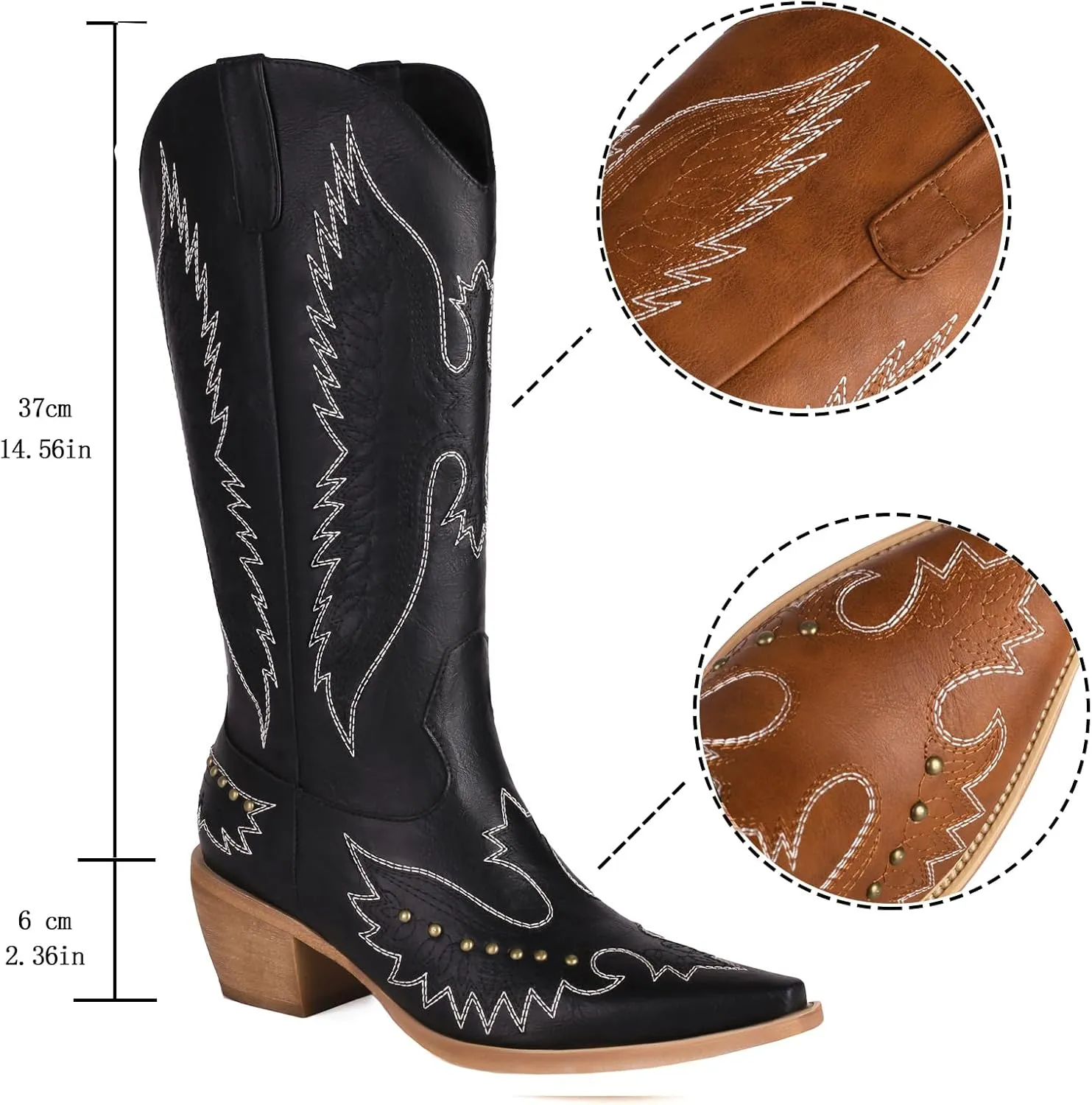 Cozivwaiy Women Denim Cowboy Boots Patchwork Knee High Boots Colorblock Western Cowgirl Mid Calf Jeans Shoes Pointed Toe Chunky Heel Pull On