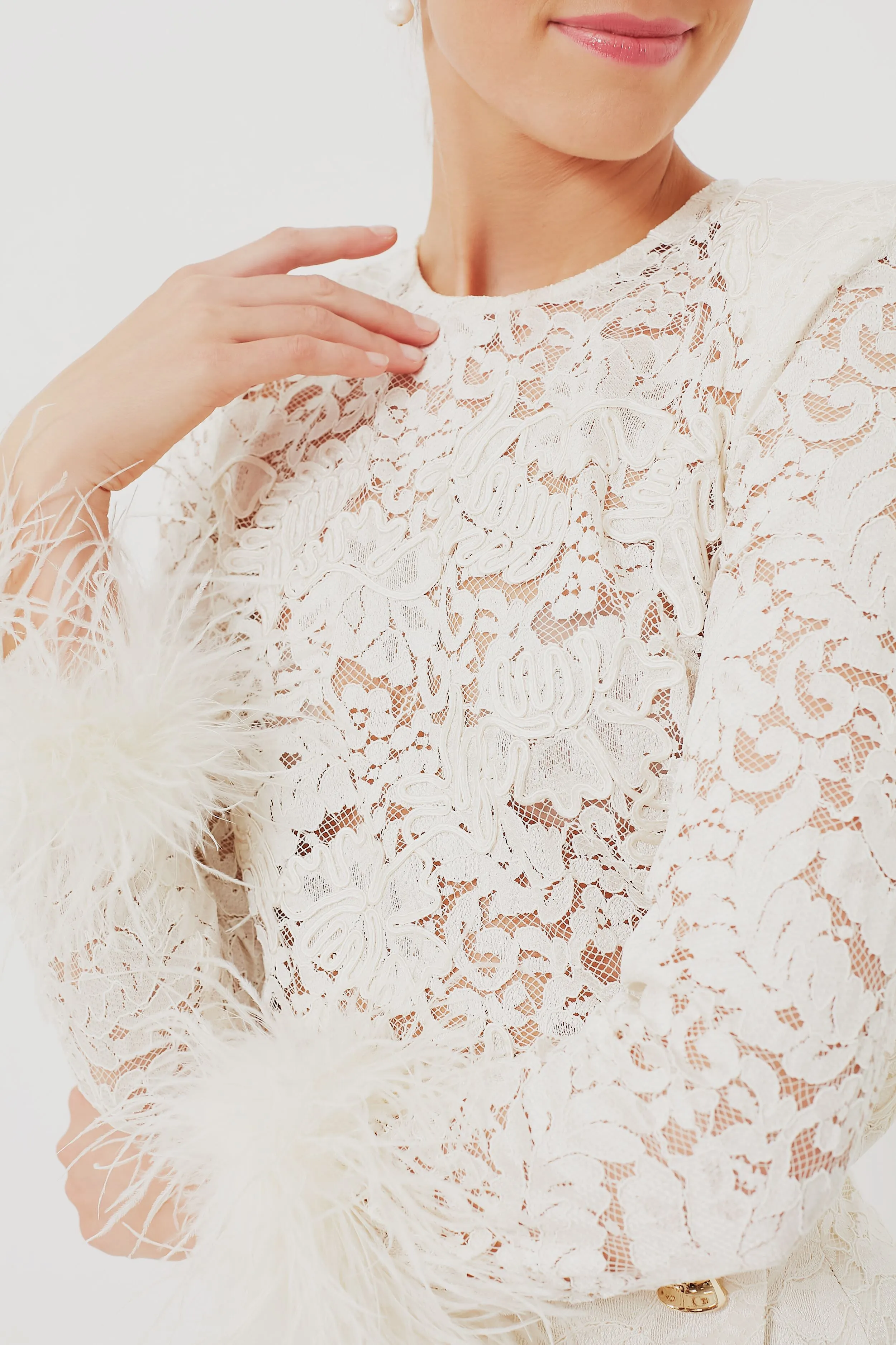 Cream Cord Lace Feather Top