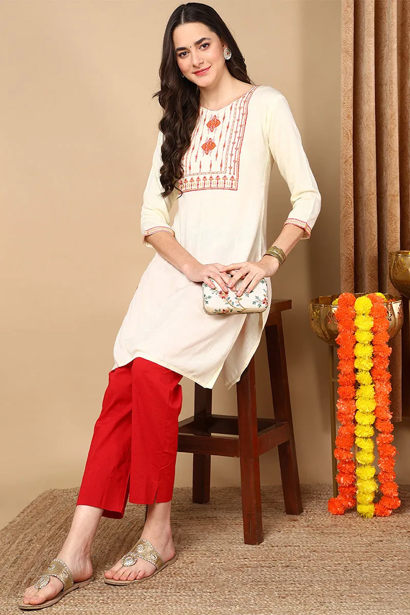 Cream Viscose Rayon Solid Straight Kurti
