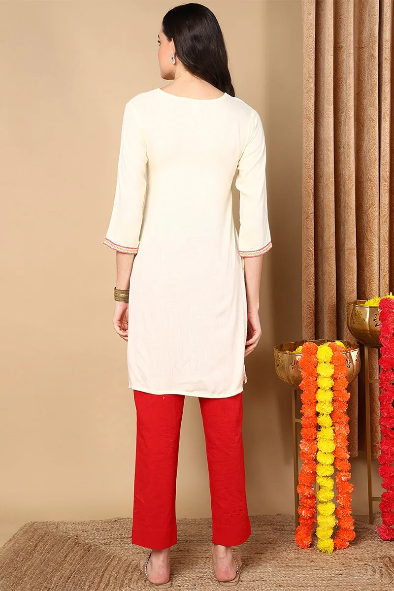 Cream Viscose Rayon Solid Straight Kurti