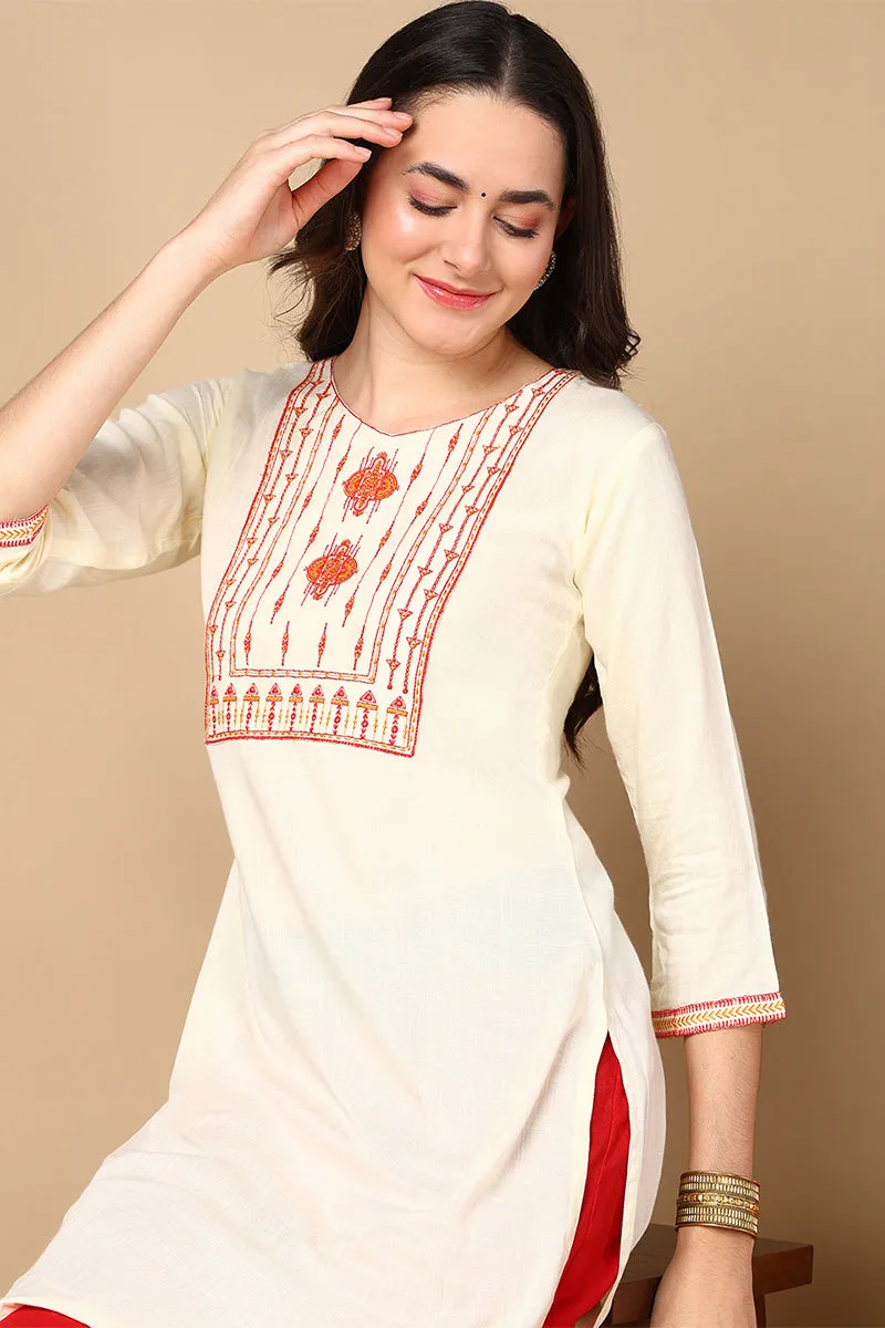 Cream Viscose Rayon Solid Straight Kurti