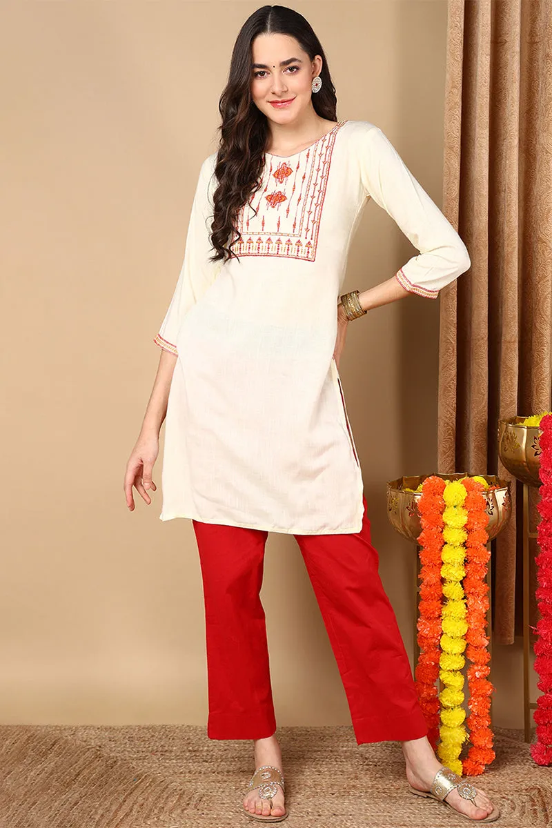 Cream Viscose Rayon Solid Straight Kurti