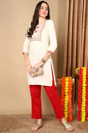 Cream Viscose Rayon Solid Straight Kurti