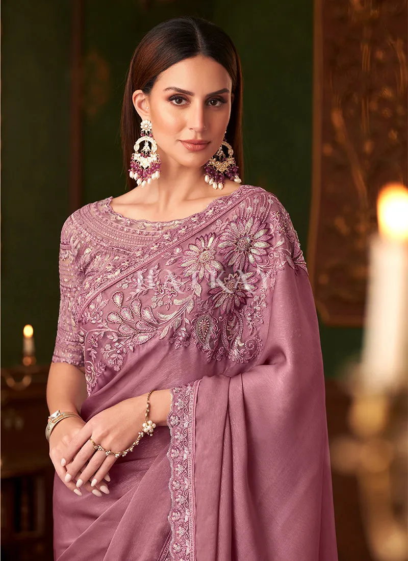 Dusty Rose Pink Embroidery Designer Saree