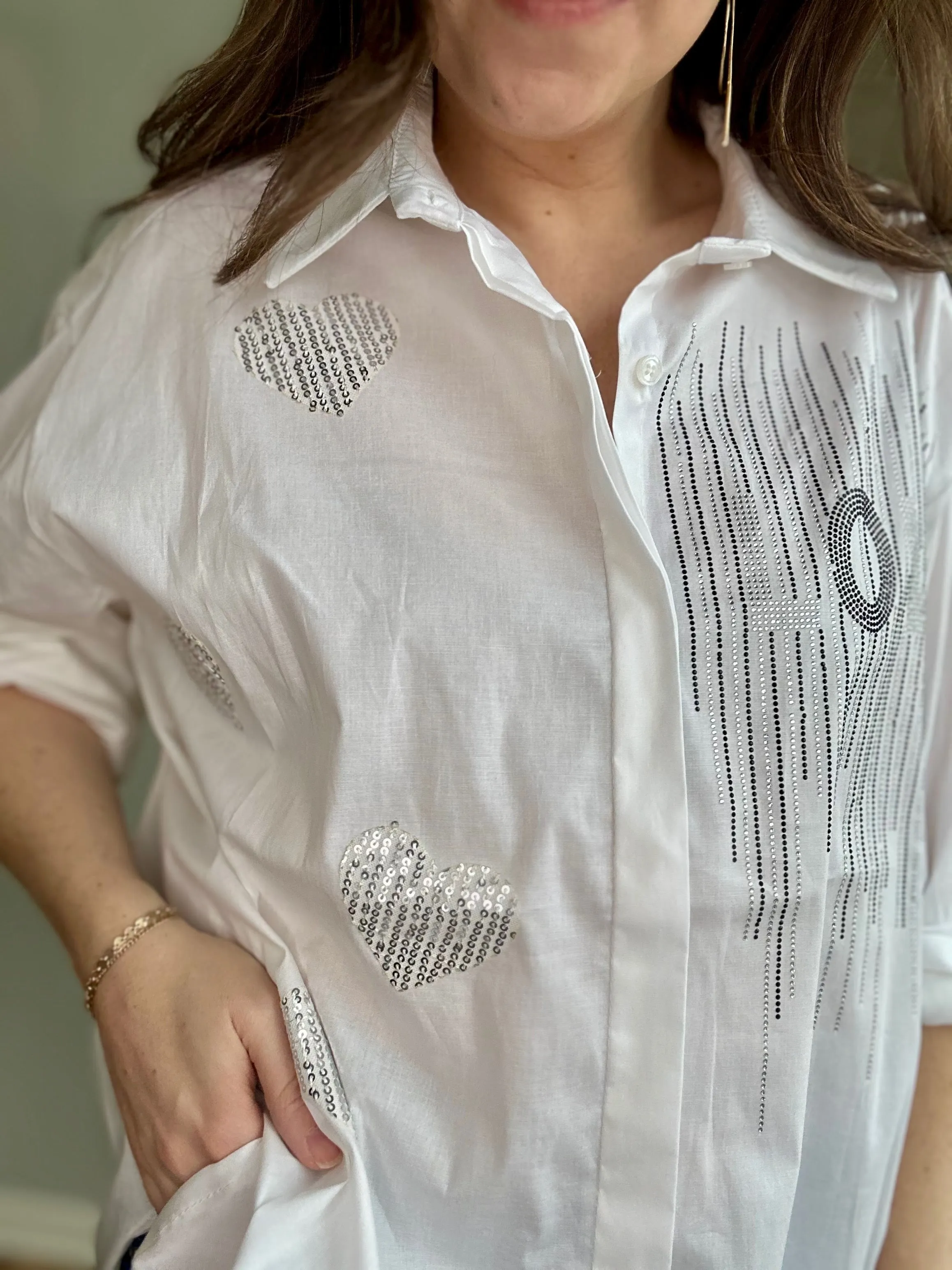 Embellished Heart Button-Up Shirt