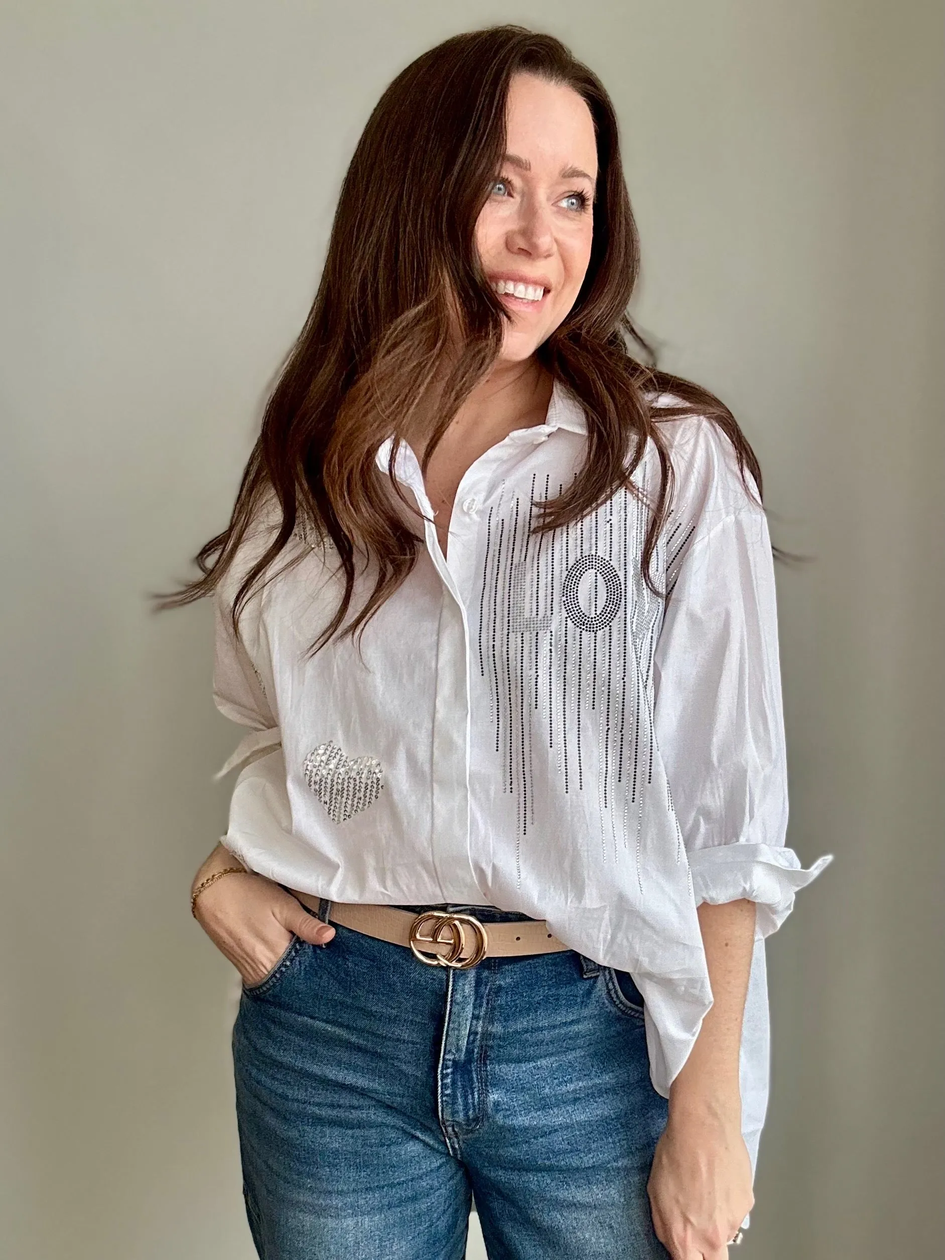 Embellished Heart Button-Up Shirt