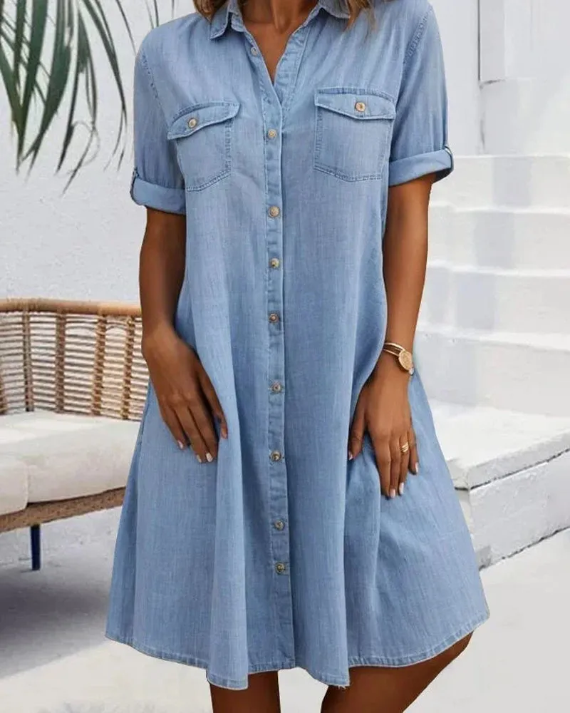 Evelina™ - Midi Dress with Lapel Collar and Button Fastening