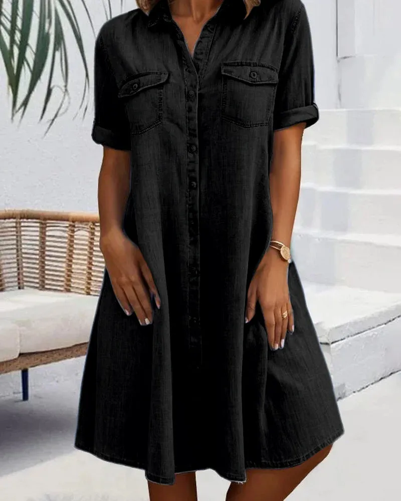 Evelina™ - Midi Dress with Lapel Collar and Button Fastening