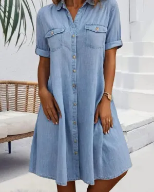 Evelina™ - Midi Dress with Lapel Collar and Button Fastening