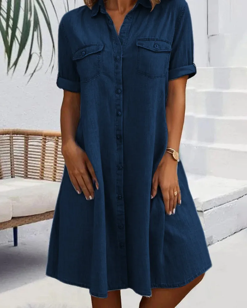 Evelina™ - Midi Dress with Lapel Collar and Button Fastening