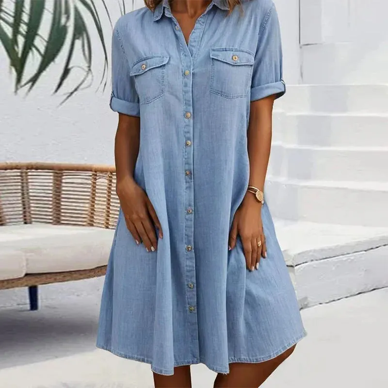 Evelina™ - Midi Dress with Lapel Collar and Button Fastening