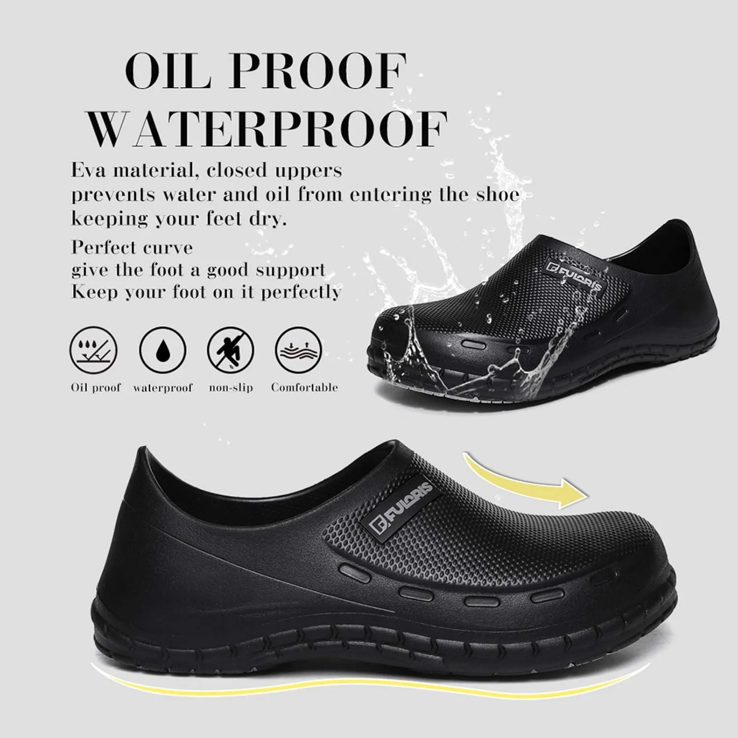 FULORIS Non Slip Chef Shoes for Men, Men's Work Shoe, Waterproof Clogs for Men, Kitchen Clog