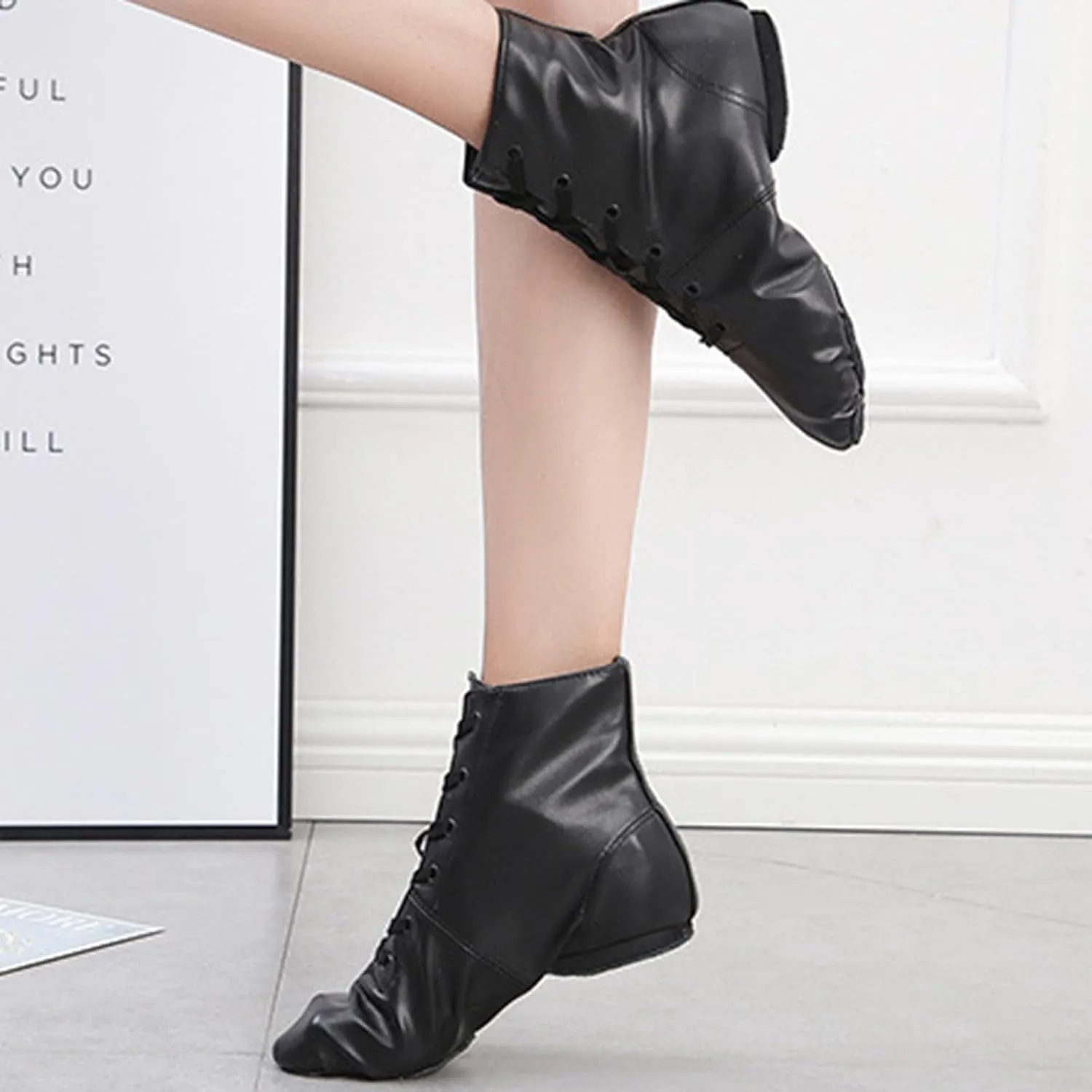 Girls Jazz Boots Dance Shoes High Top Black Lace Premium Up Leather Dancing Shoes Kids Flat Split Sole Over Ankle Boots