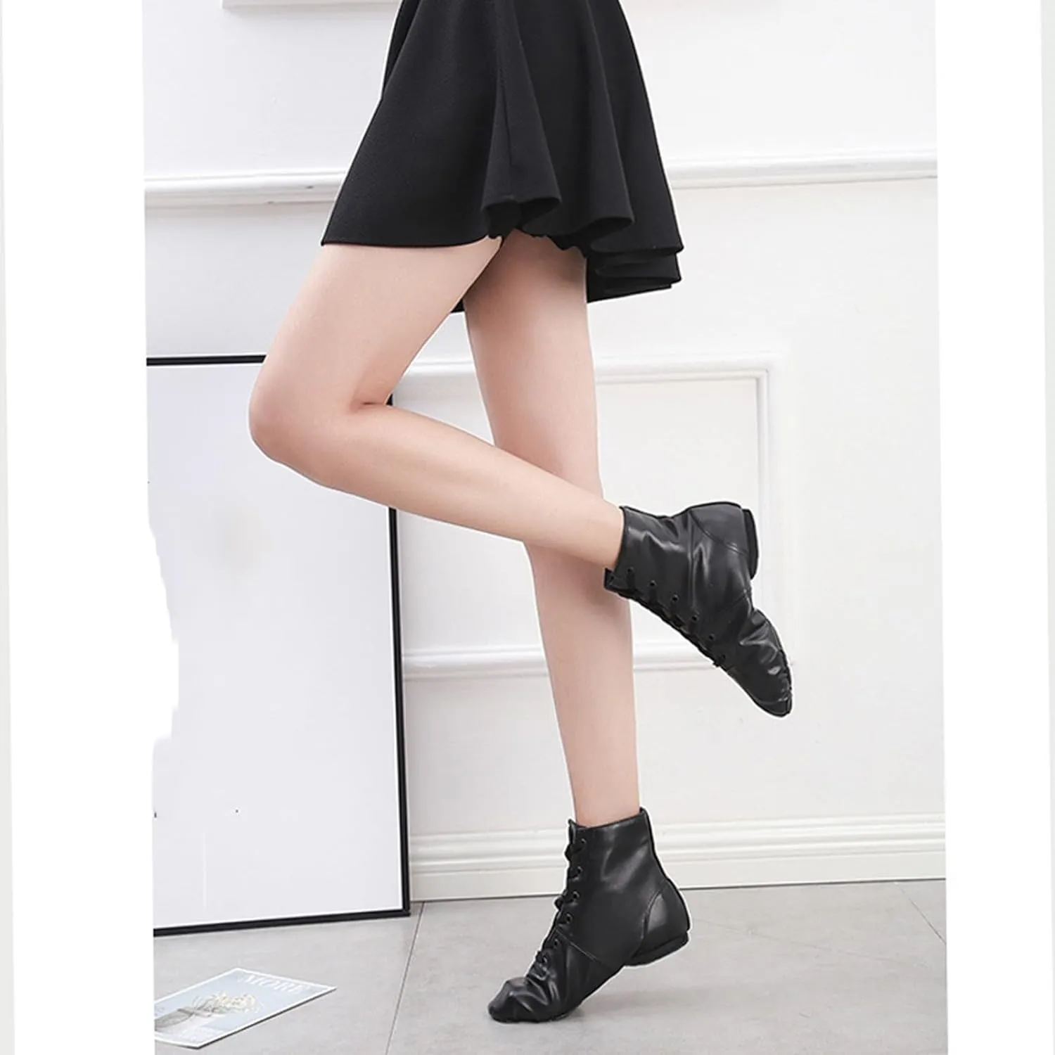 Girls Jazz Boots Dance Shoes High Top Black Lace Premium Up Leather Dancing Shoes Kids Flat Split Sole Over Ankle Boots