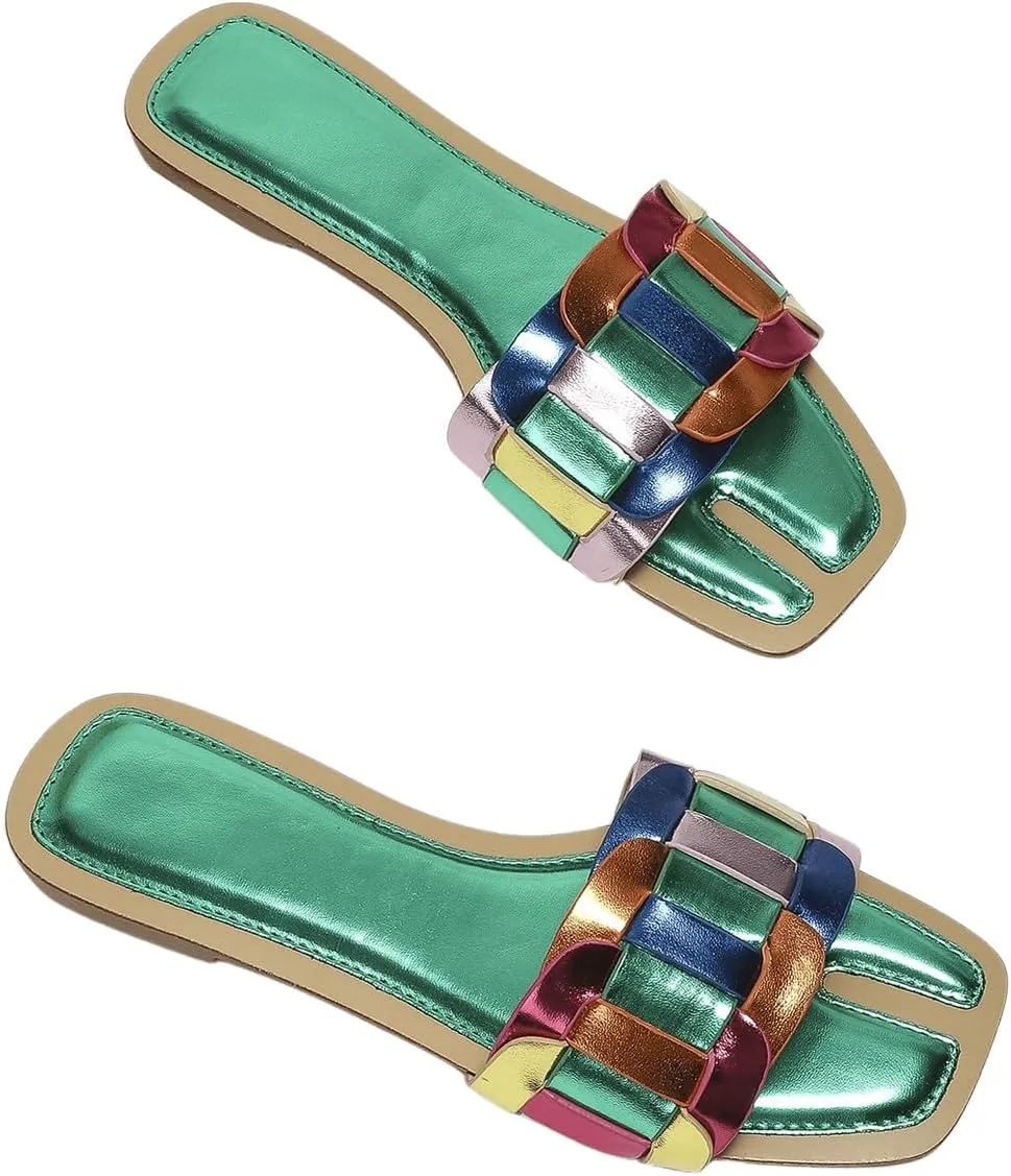 GORGLITTER Women's Metallic Flat Sandals Dressy Slippers Sparkly Summer Cute Open Toe Slip on Slides Beach Sandal 2025
