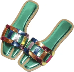 GORGLITTER Women's Metallic Flat Sandals Dressy Slippers Sparkly Summer Cute Open Toe Slip on Slides Beach Sandal 2025