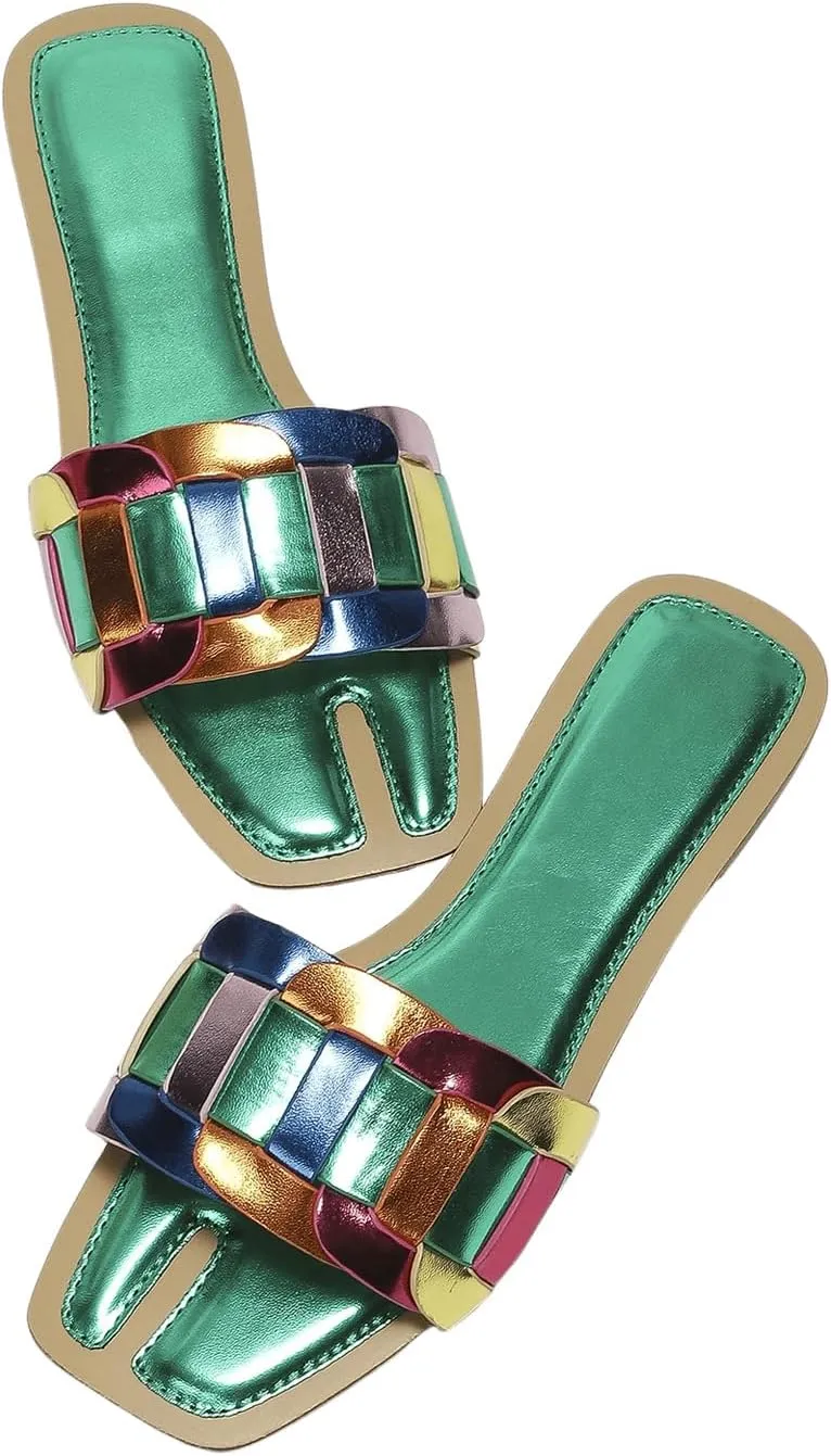 GORGLITTER Women's Metallic Flat Sandals Dressy Slippers Sparkly Summer Cute Open Toe Slip on Slides Beach Sandal 2025