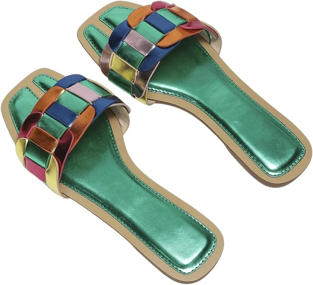 GORGLITTER Women's Metallic Flat Sandals Dressy Slippers Sparkly Summer Cute Open Toe Slip on Slides Beach Sandal 2025