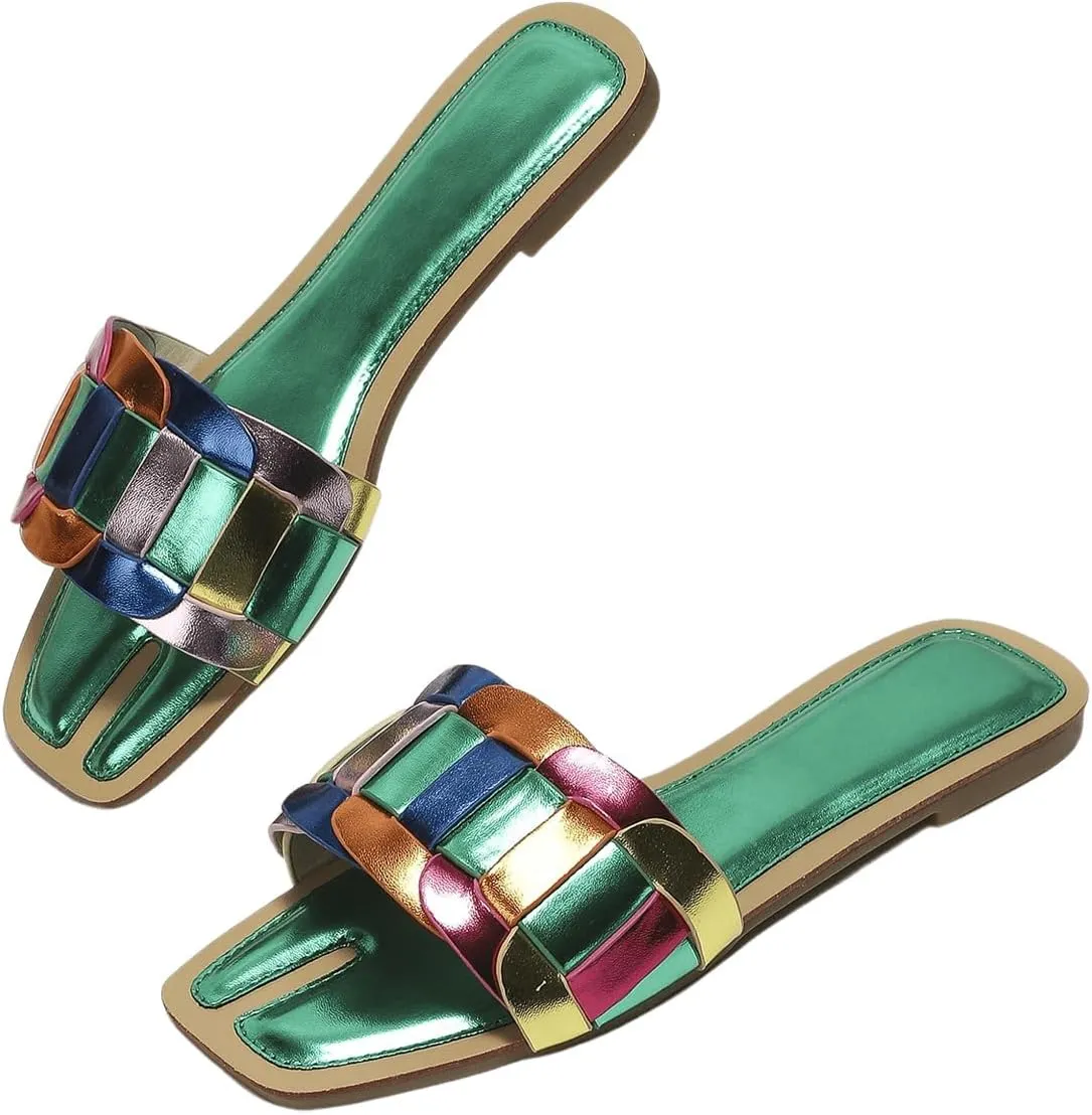 GORGLITTER Women's Metallic Flat Sandals Dressy Slippers Sparkly Summer Cute Open Toe Slip on Slides Beach Sandal 2025