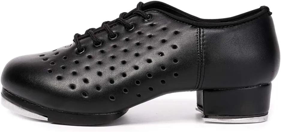 HIPPOSEUS Men's Black Jazz Tap Dance Shoes with Split Sole and Lace Up Hollow Out Breathable