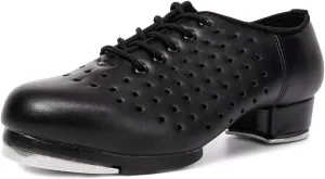 HIPPOSEUS Men's Black Jazz Tap Dance Shoes with Split Sole and Lace Up Hollow Out Breathable