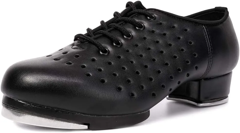 HIPPOSEUS Men's Black Jazz Tap Dance Shoes with Split Sole and Lace Up Hollow Out Breathable