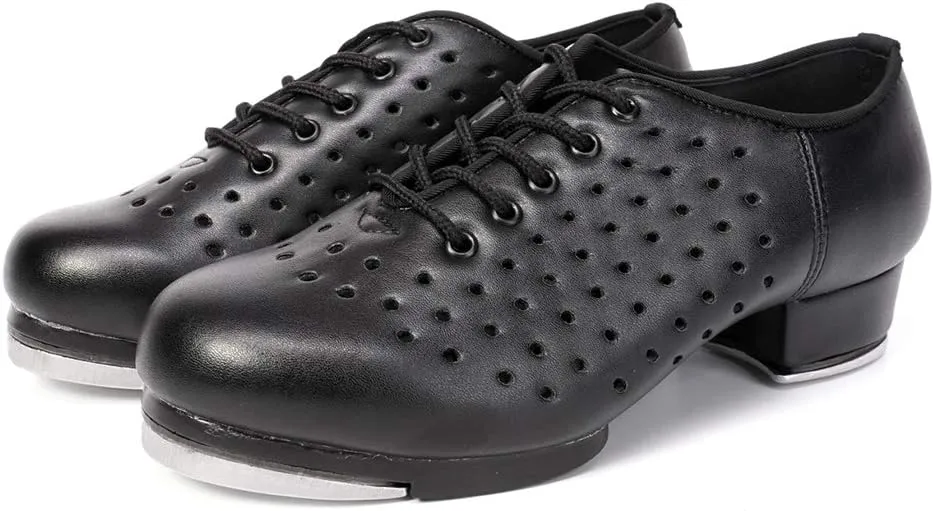 HIPPOSEUS Men's Black Jazz Tap Dance Shoes with Split Sole and Lace Up Hollow Out Breathable
