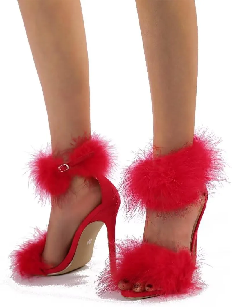 JOEupin Women's Feather Open Toe Fluffy Fur High Heel Ankle Strap Stiletto Pump for Wedding Party Prom Shoes