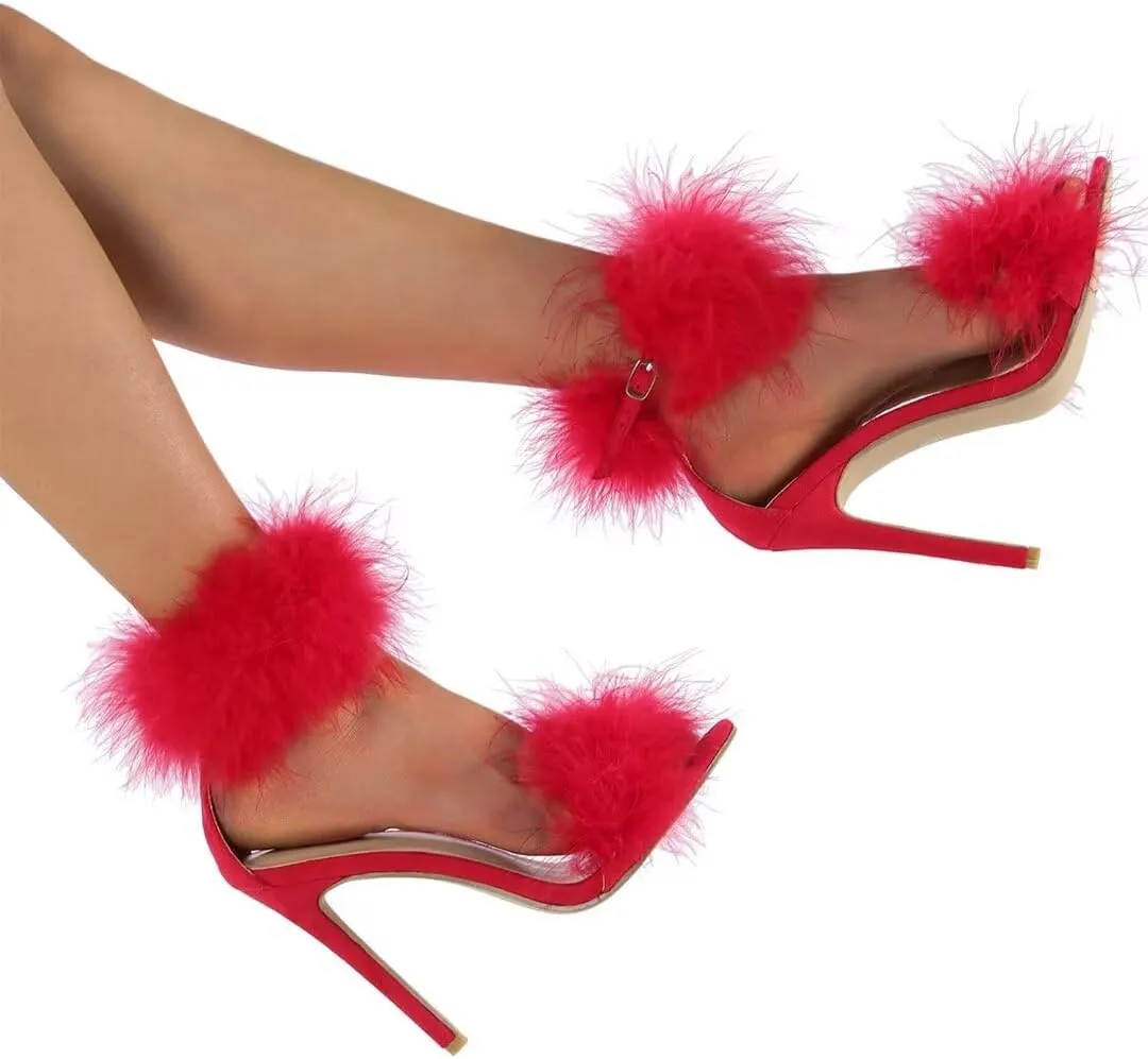 JOEupin Women's Feather Open Toe Fluffy Fur High Heel Ankle Strap Stiletto Pump for Wedding Party Prom Shoes