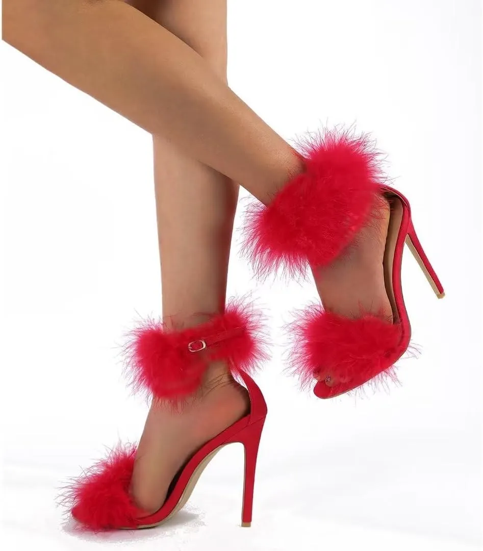 JOEupin Women's Feather Open Toe Fluffy Fur High Heel Ankle Strap Stiletto Pump for Wedding Party Prom Shoes